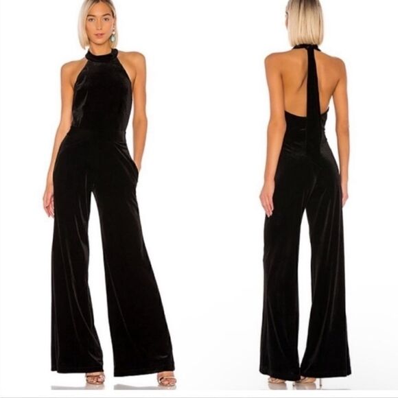 MISA LOS ANGELES Xandra Black Hammered Satin wide leg Halter jumpsuit Small NWT - Picture 1 of 12